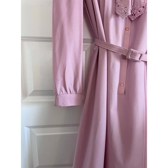 Vintage Lady Jennifer Pink Pleated Dress with Belt Long Sleeve Midi Size READ - Picture 4 of 8